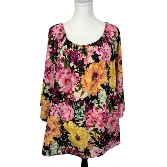 Cha Cha Vente Tropical Floral Blouse Women's 3X Boho Feminine Resort Vacation - Picture 1 of 11
